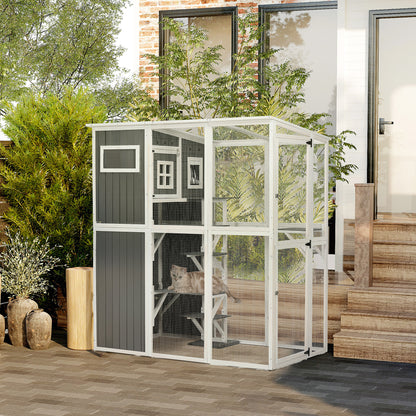 Wooden Cat Catio, 66.5"L Walk in Outdoor Cat House with PVC Weather Protection Roof, Multiple Platforms, Lockable Doors, Resting Condo, Observation Window, for 2 Cats