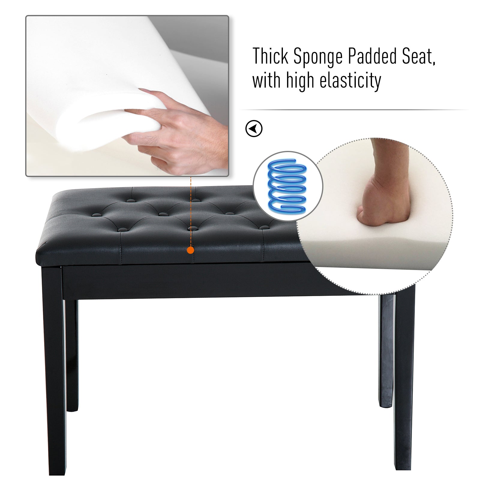 30" Piano Bench with Padded Cushion and Storage, Faux Leather Keyboard Bench with Solid Wood Legs, Black