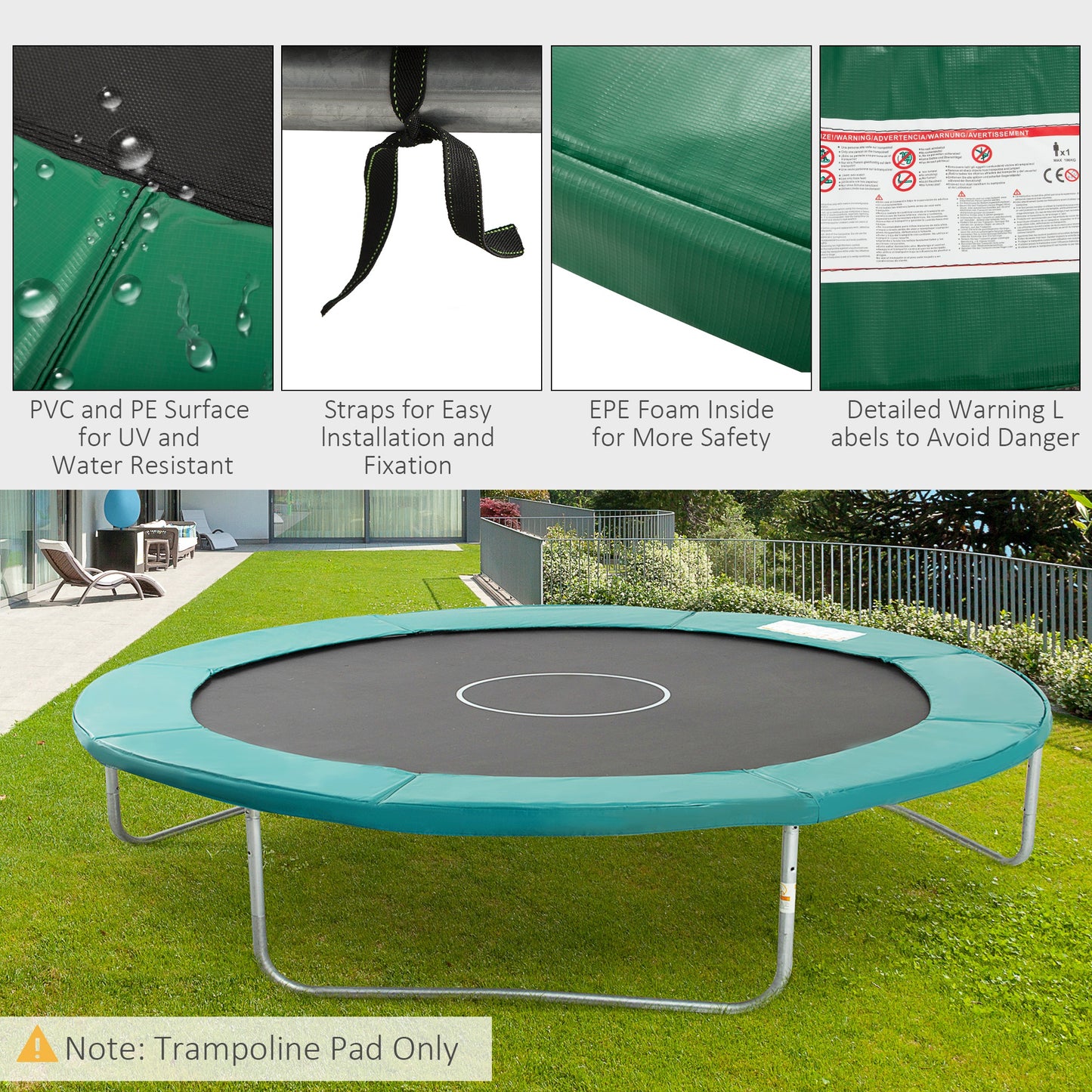 Soozier Trampoline Pad, 14FT Replacement Trampoline Safety Pad Mat Spring Cover, Water-Resistant, UV-Resistant, Tear-Resistant, No Holes for Pole, Green