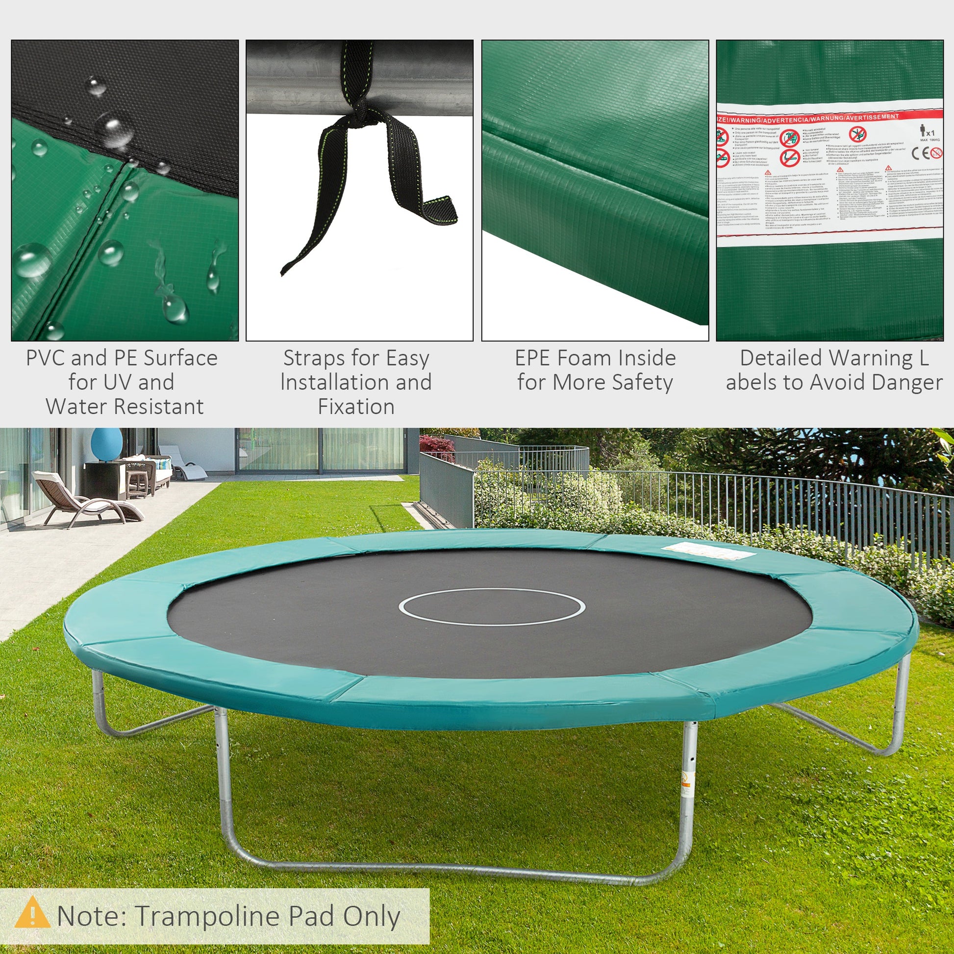 Soozier Trampoline Pad, 14FT Replacement Trampoline Safety Pad Mat Spring Cover, Water-Resistant, UV-Resistant, Tear-Resistant, No Holes for Pole, Green