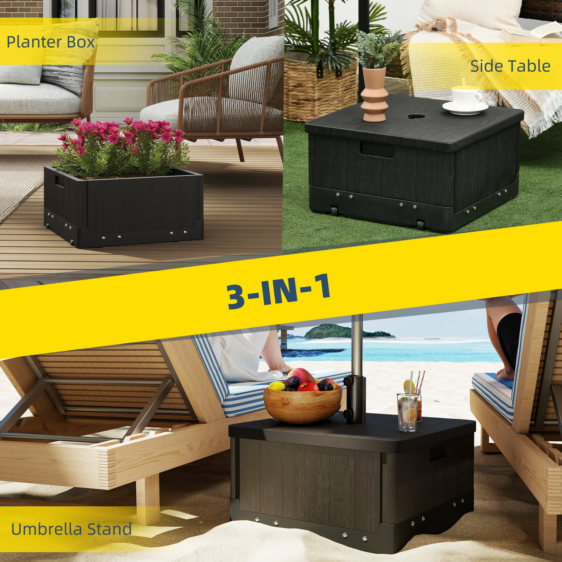 3-in-1 Outdoor Umbrella Base with Wheels, Side Table, Planter Box, 175lbs Heavy Duty Patio Umbrella Stand, Black