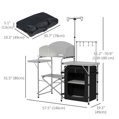 Camping Kitchen Table, Aluminum Folding Camping Table with Storage Organizer, Windshield, Light Stand, Bag, Silver