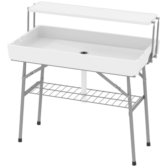 3.5ft Folding Ice Cooler Table with Drain, 2-Tier Outdoor Patio Party Cooler, Fishing Cleaning Table with Storage Shelf for Picnic BBQ Camping Wedding, White