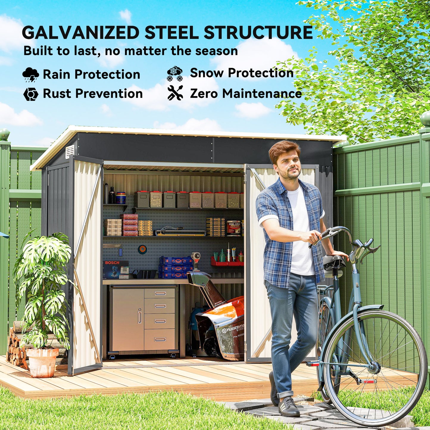 7.5' x 4.3' Outdoor Storage Shed, Waterproof Metal Garden Shed with Lockable Doors, for Backyard, Lawn, Patio, Dark Grey