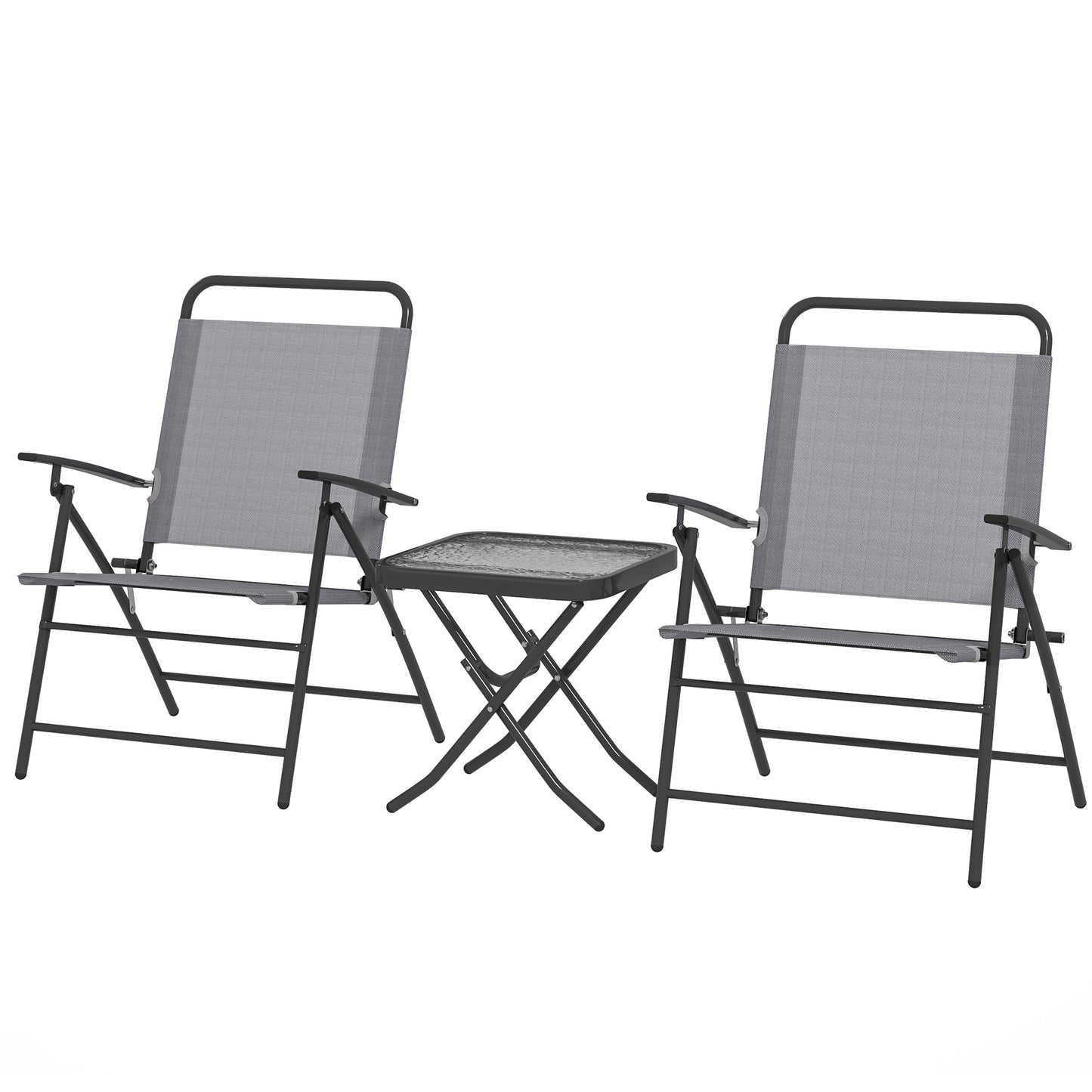 Folding Bistro Set, Small Patio Set with Back Adjustable Chairs and Glass Top Table for Garden, Balcony, Porch, Grey