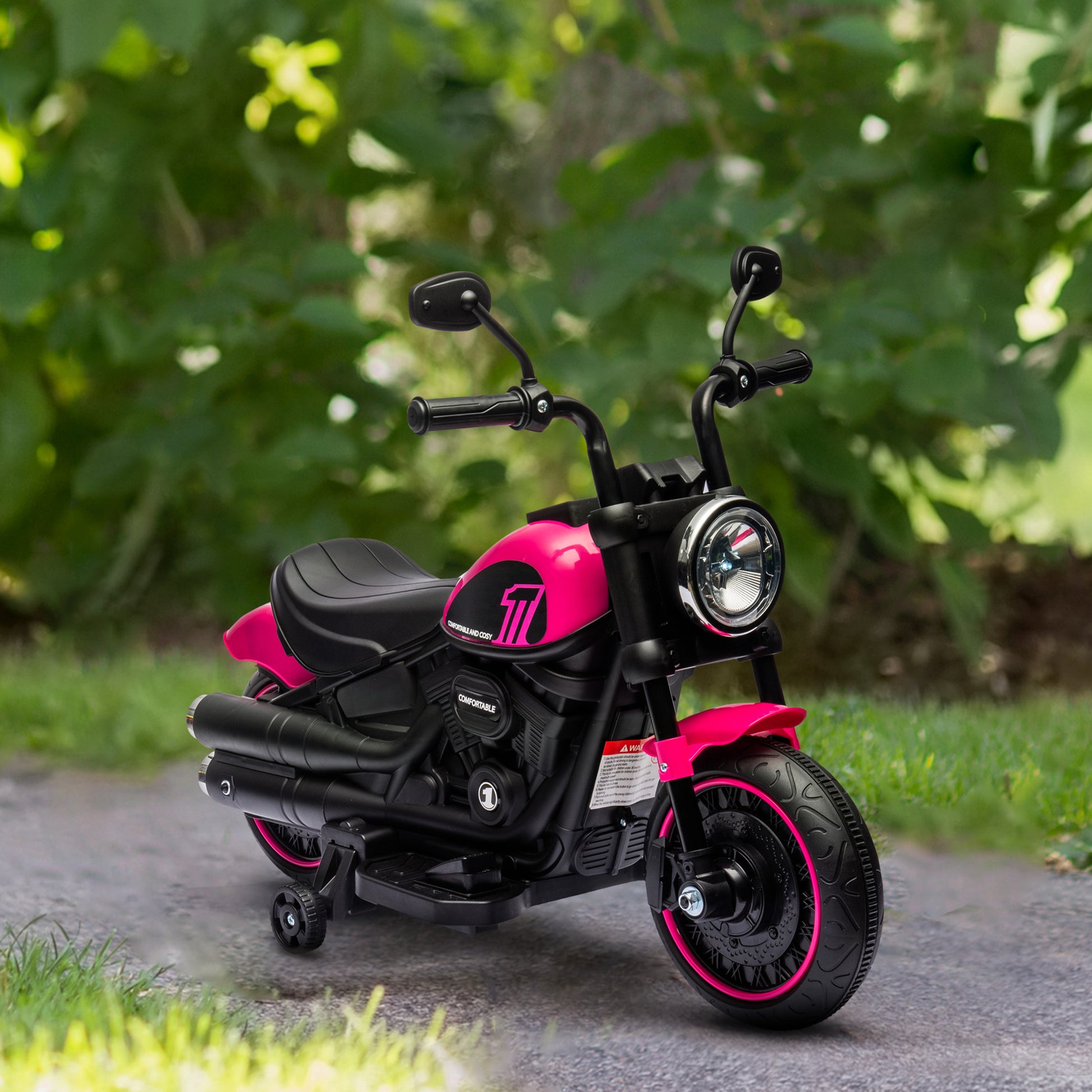 Aosom 6V Kids Motorcycle with Training Wheels, Foot Pedal, Headlight, Music, Forward/Reverse, Single-Button Start, Pink
