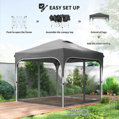 10 x 10 ft Pop Up Canopy Tent with Mosquito Netting, UPF 50+ Central Lock Easy Setup Outdoor Party Tent, Dark Grey