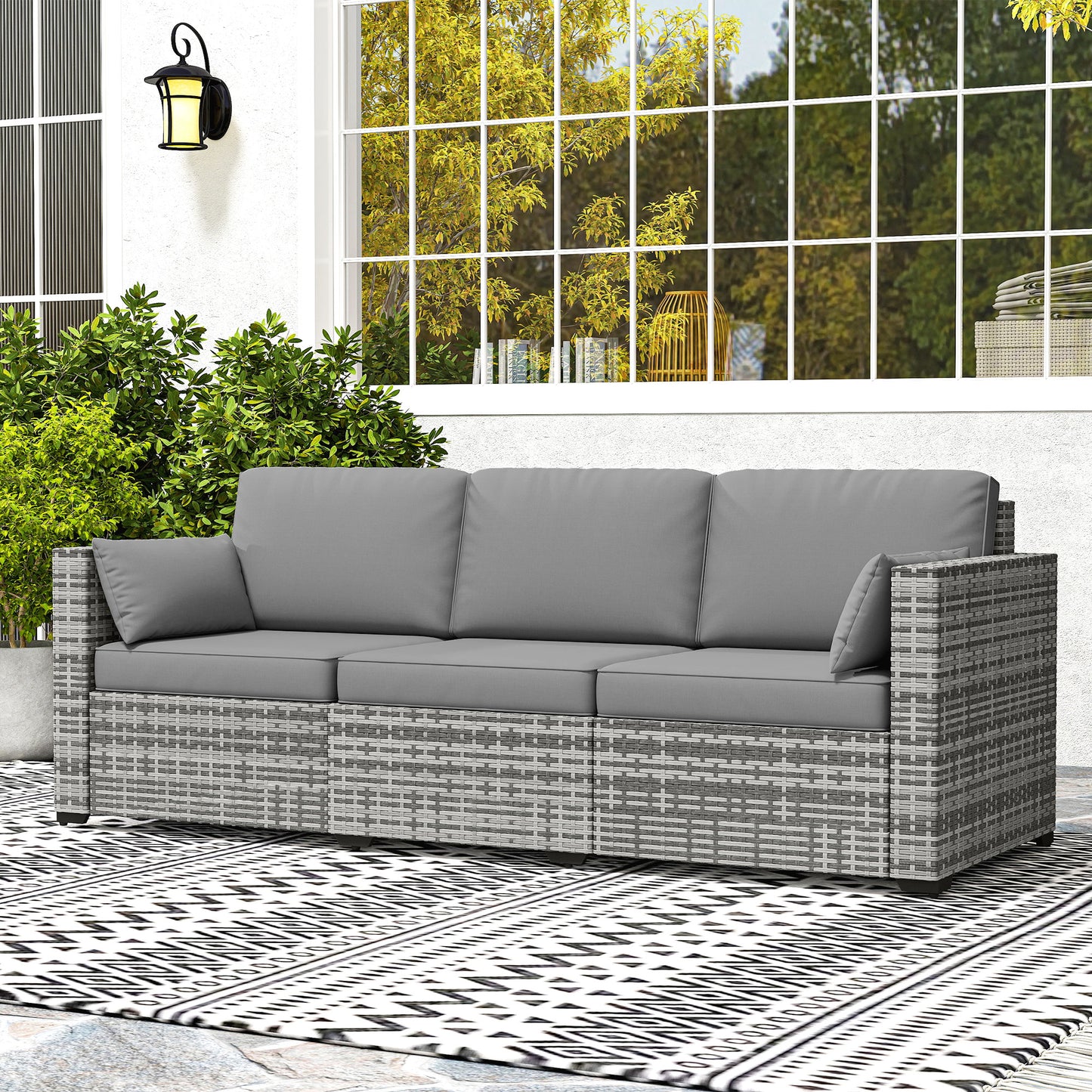 3-Seater Outdoor Sofa with Cushions, PE Rattan Conversation Patio Couch with Pillows for Garden, Poolside, Grey