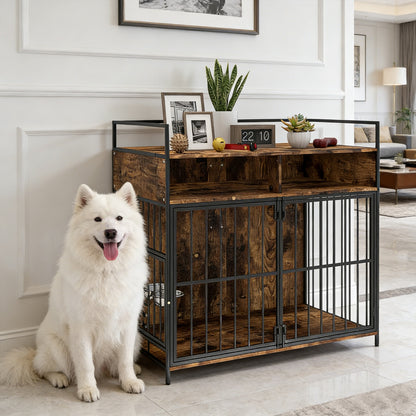 Dog Crate Furniture with Rotating Feeding Station Dog Kennel End Table Storage Shelves, Rustic Brown