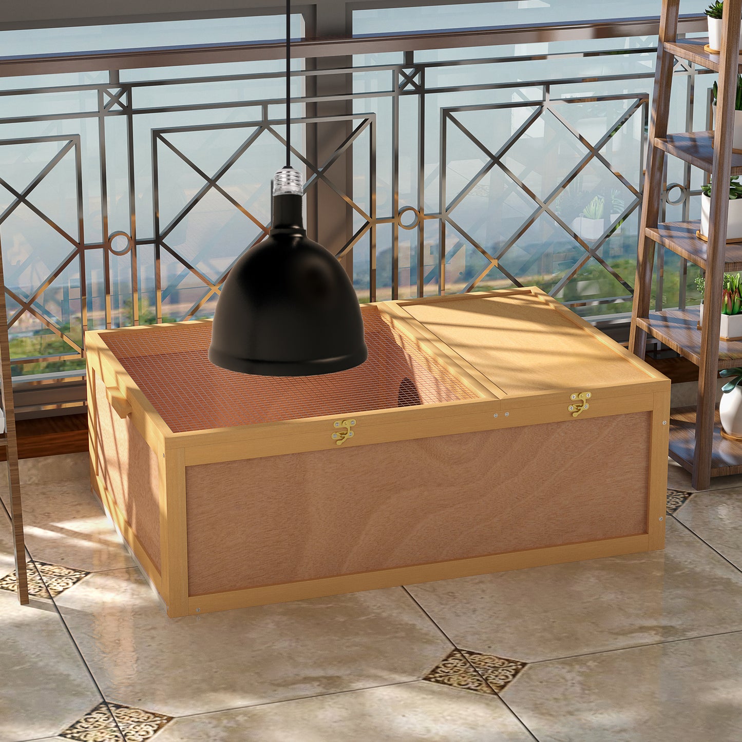 Wooden Tortoise Enclosure with Two Room Design, for Indoor Use, 37" x 25" x 13", Nature Wood