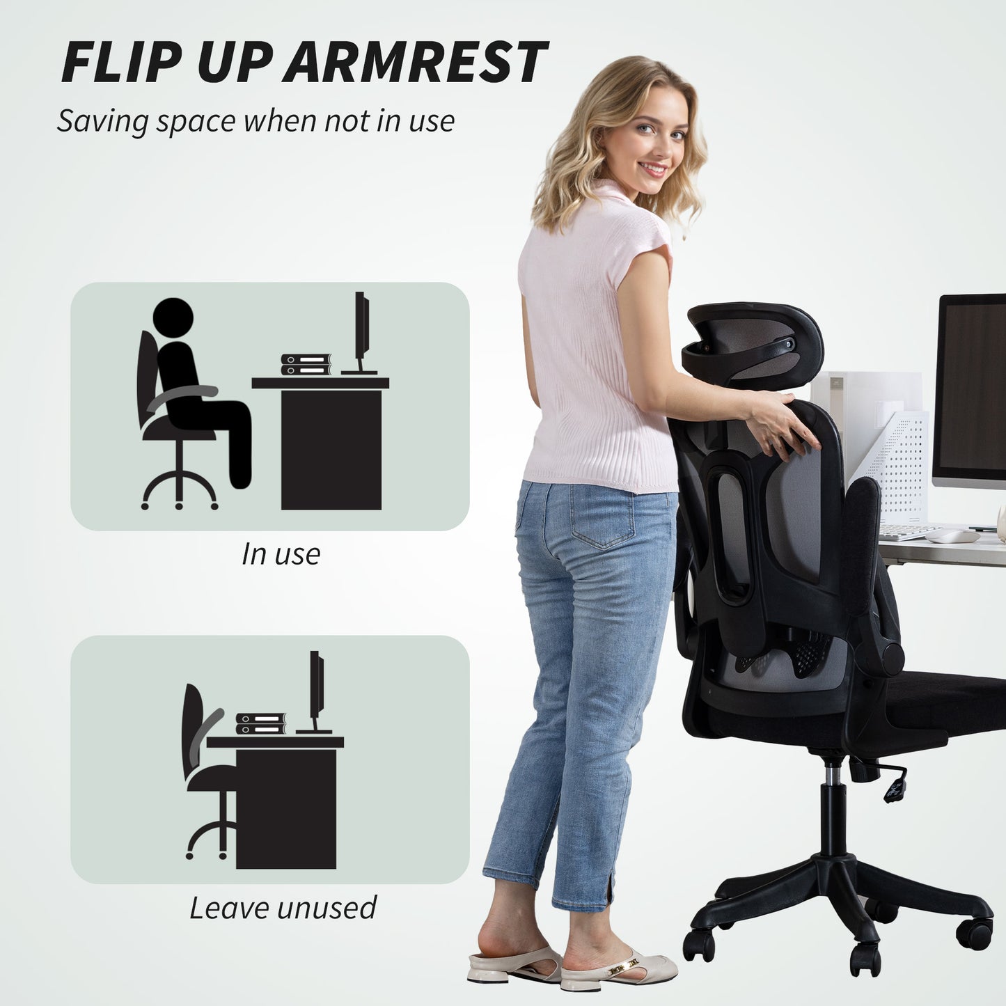 Ergonomic Office Chair, Swivel Desk Chair with Adjustable Lumbar Support, Headrest and Height, Flip-up Armrests, Black