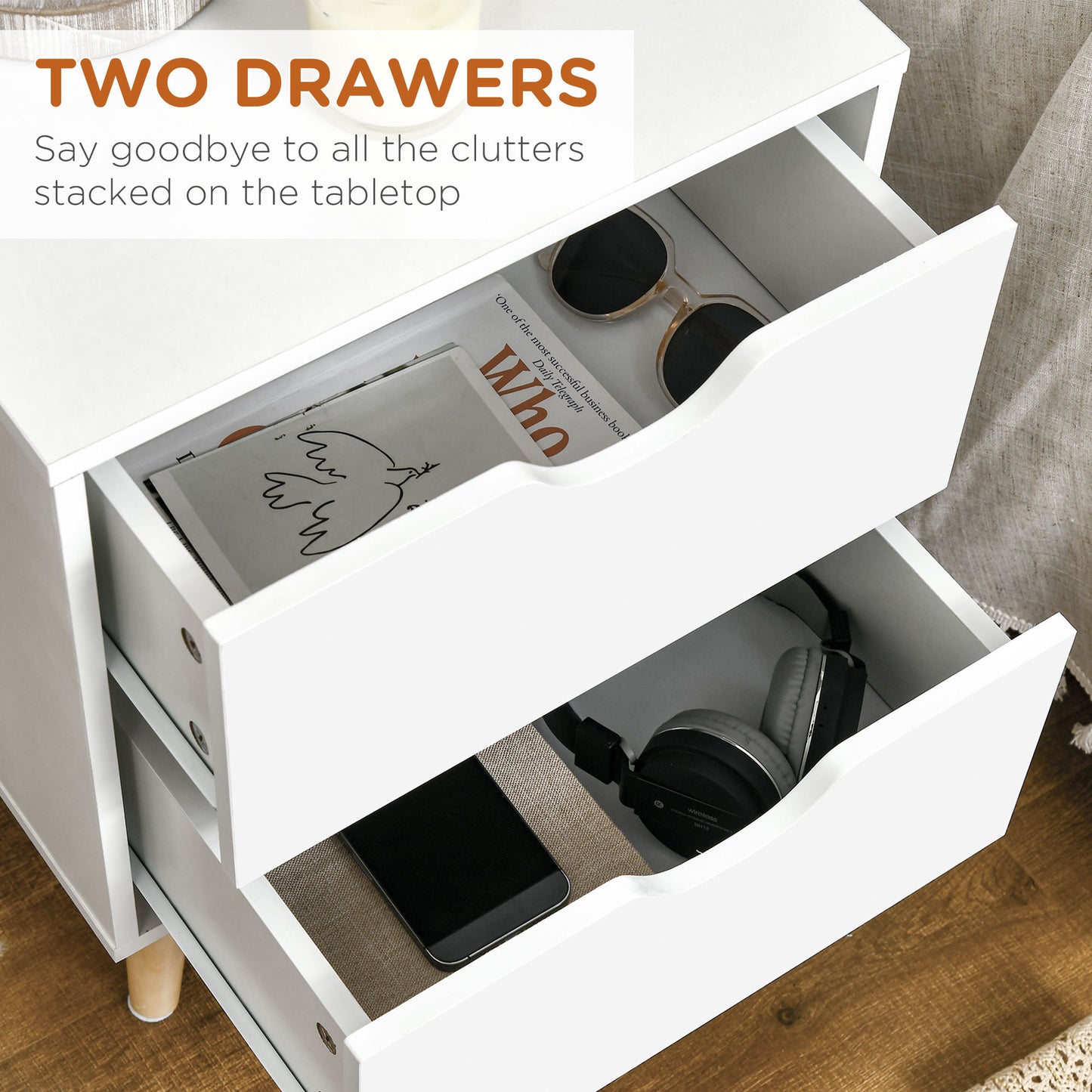 Modern Bedside Table, Nightstand with 2 Drawers and Pine Wood Legs for Bedroom, Living Room, White