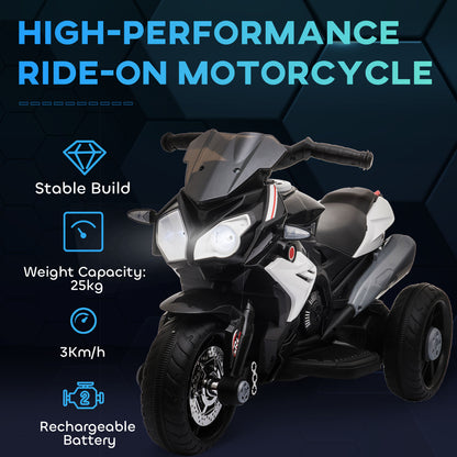 Qaba Kids Electric Motorcycle Ride-On Toy with 3 Wheels, Music, Horn, Lights, Black