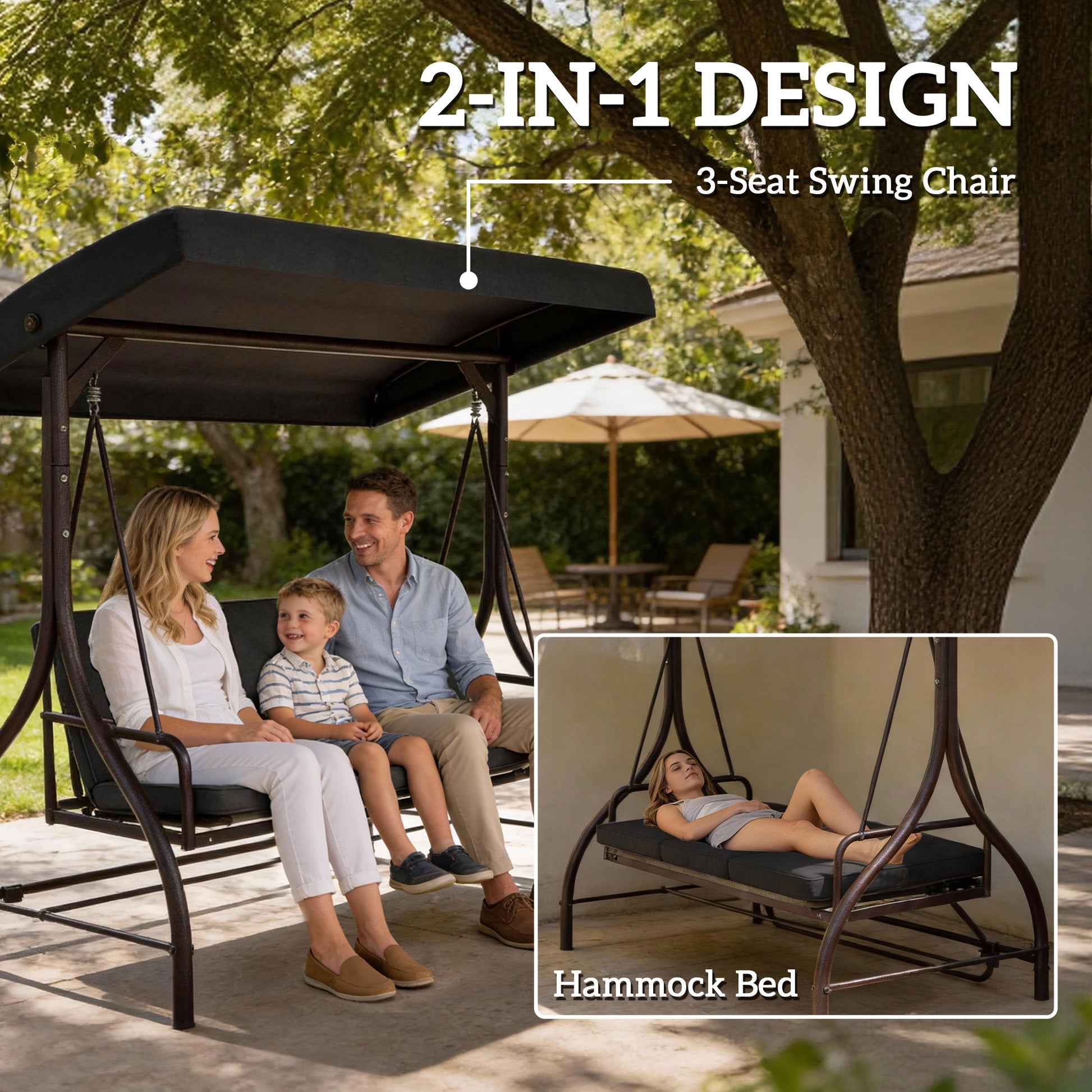 Convertible Patio Swing Bed with Canopy and Cushions, 3 Seater Porch Swing for Outdoor, Backyard, Garden, Black
