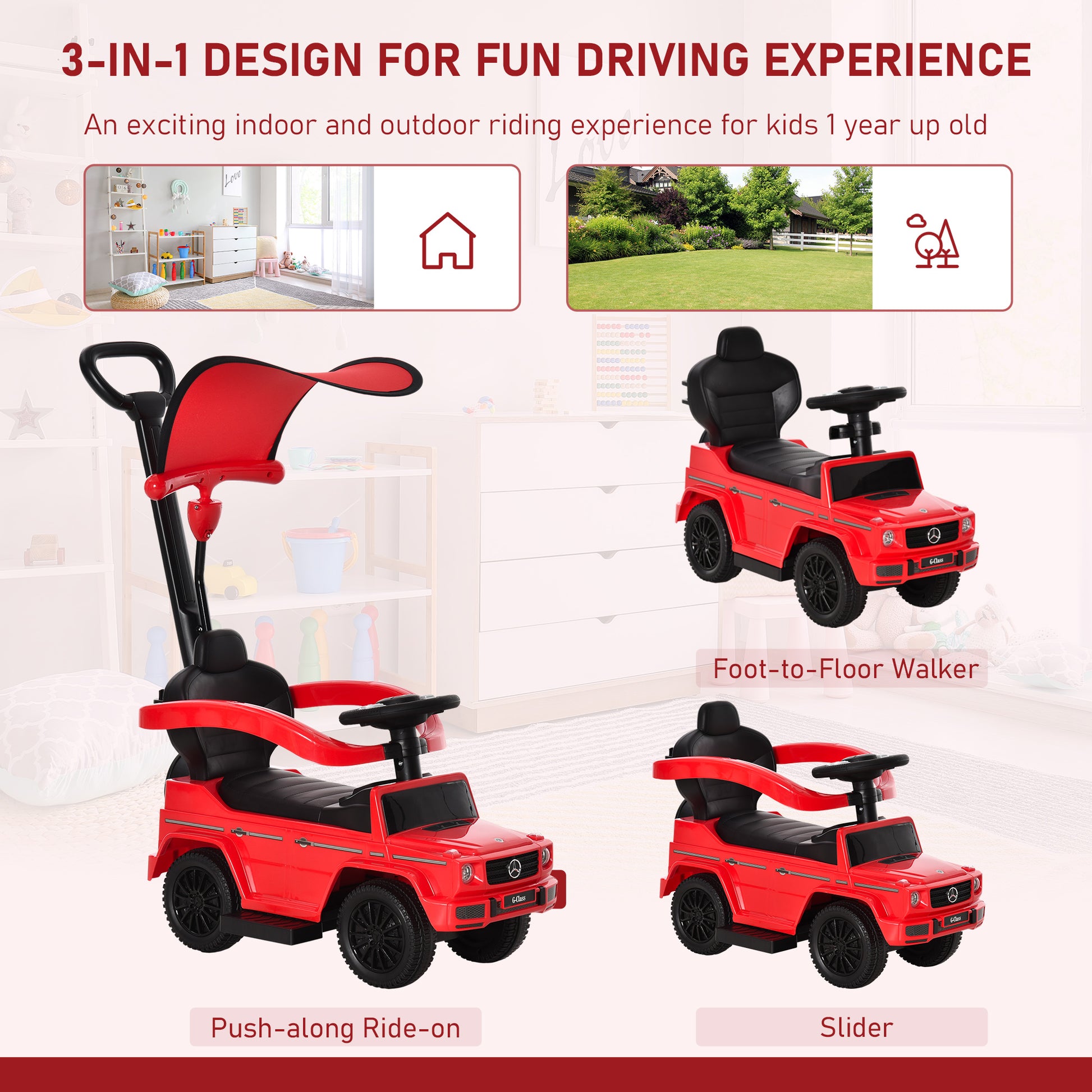 Aosom Mercedes-Benz G350 Licensed Push Car, 3-in-1 Toddler Sliding Car with Horn, Steering, Foot Rest, Seat Storage, Red