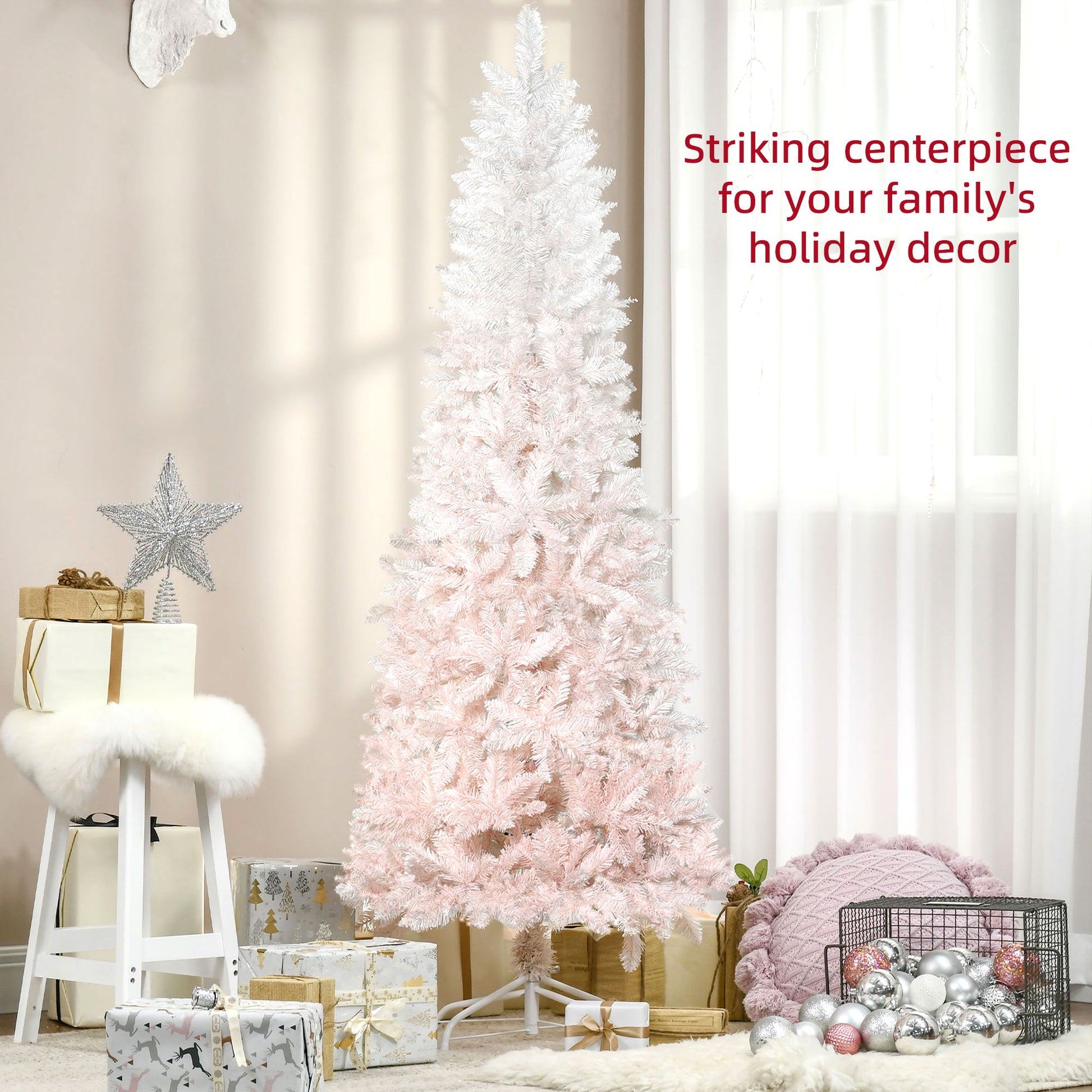 5ft Pencil Artificial Christmas Tree with Pine Realistic Branches, Auto Open, Pink and White