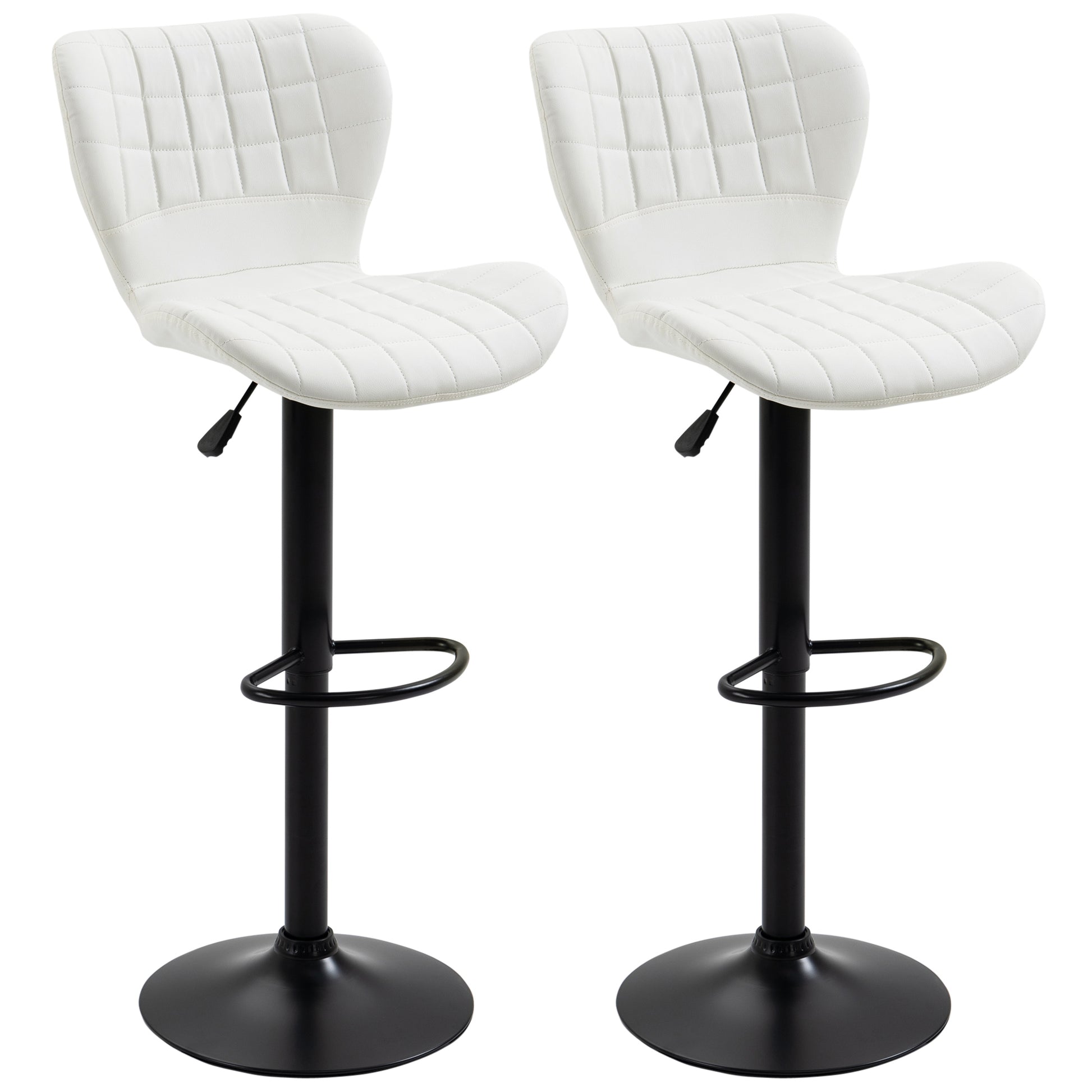 Bar Stools Set of 2 Adjustable Height Swivel Bar Chairs in PU Leather with Backrest & Footrest, White