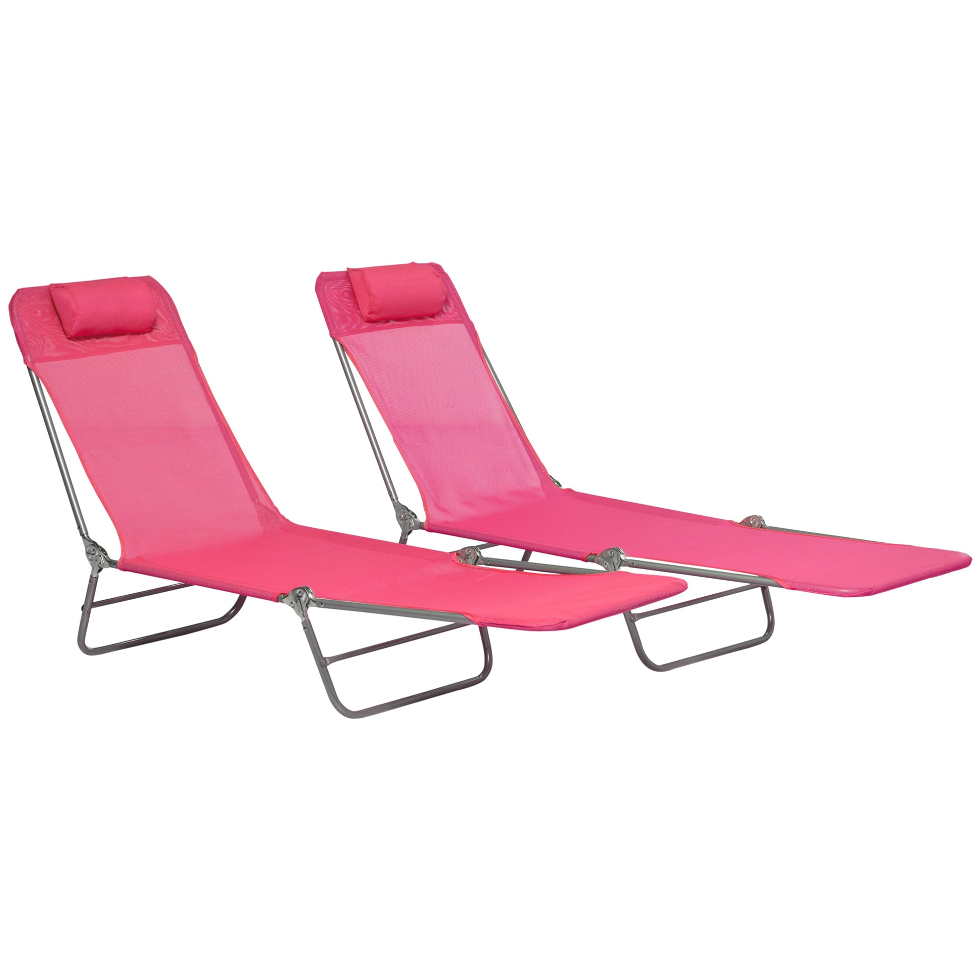 Set of 2 Folding Chaise Lounge Chairs, Outdoor Poolside Sun Tanning Chairs w/ Pillow, Reclining Backrest, Pink