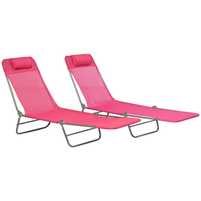 Set of 2 Folding Chaise Lounge Chairs, Outdoor Poolside Sun Tanning Chairs w/ Pillow, Reclining Backrest, Pink