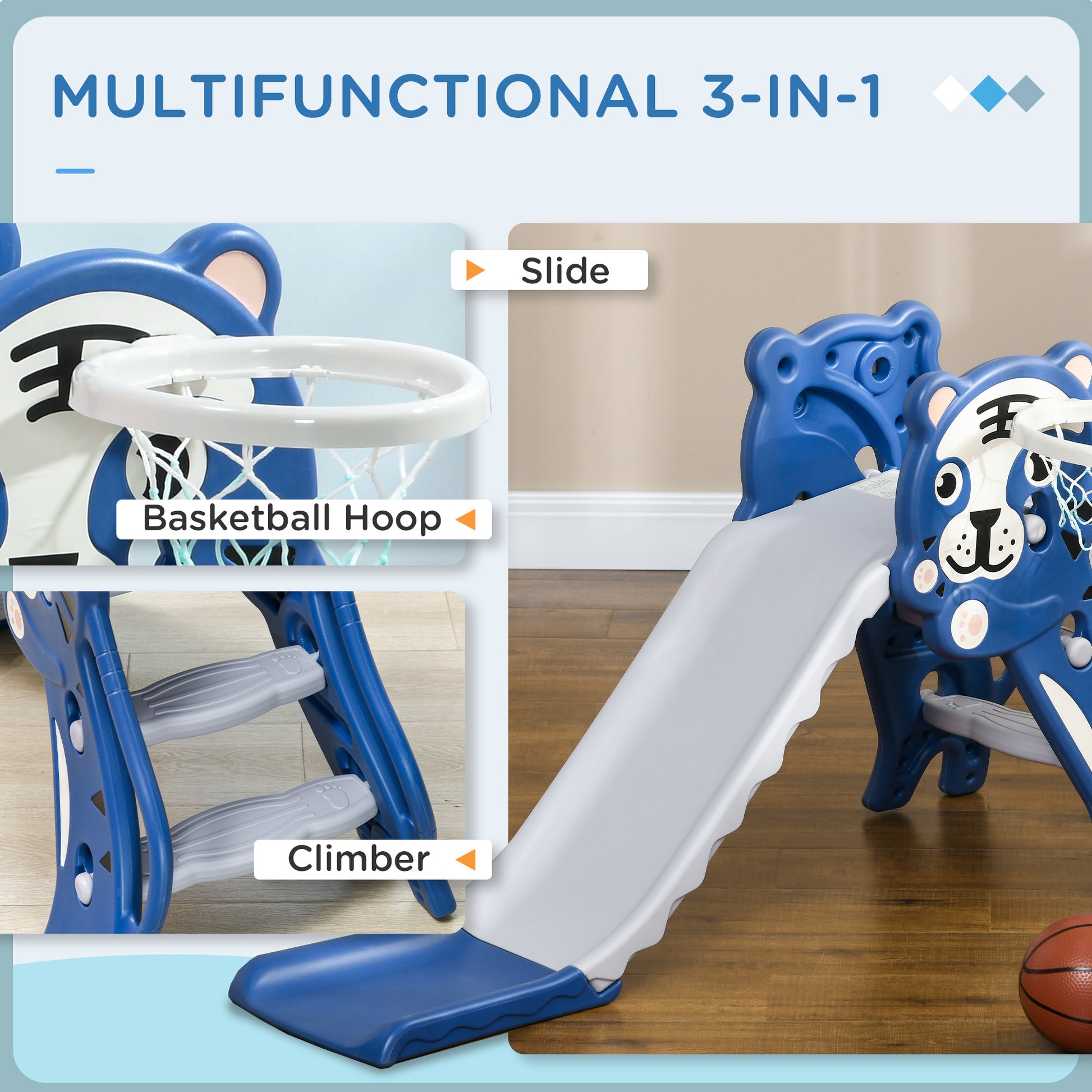 Qaba 3 in 1 Slide for Toddlers, Kids Slide Playset with Basketball Hoop, Climber, for 18-36 Months, Blue