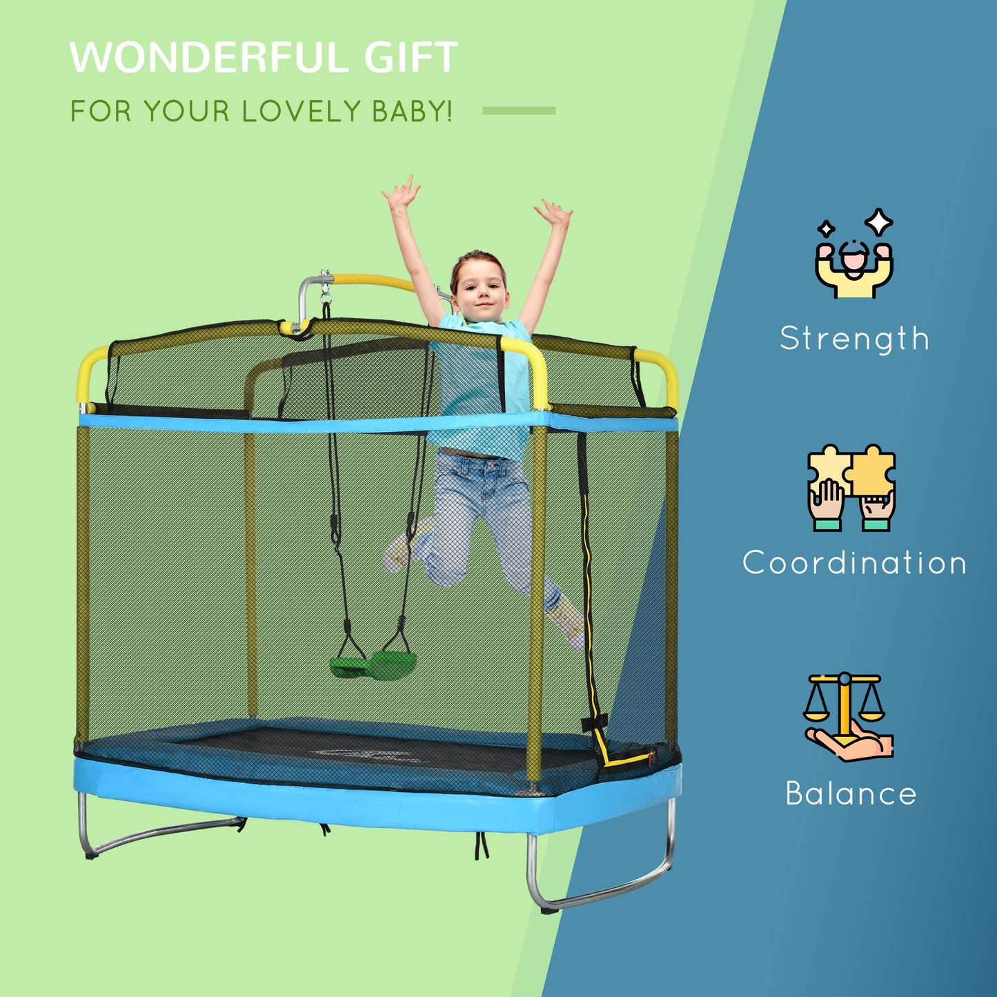 Qaba 6.9FT Kids Trampoline with Safety Net, Gymnastics Bar, Swing, Toddler Trampoline for 3-6 Years Old Indoor/Outdoor
