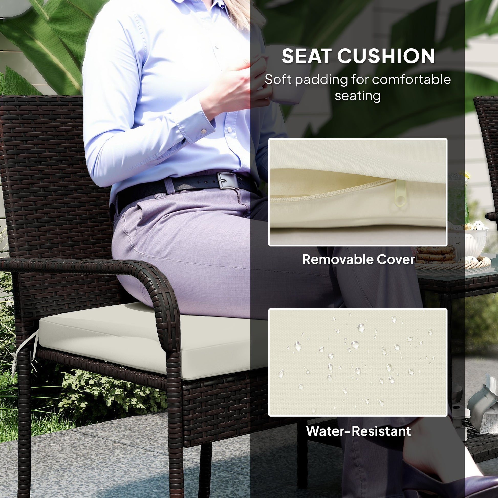 3 Piece Wicker Patio Furniture Set with Stackable Chairs, Washable Cushion, Tempered Glass Top, for Backyard, Brown