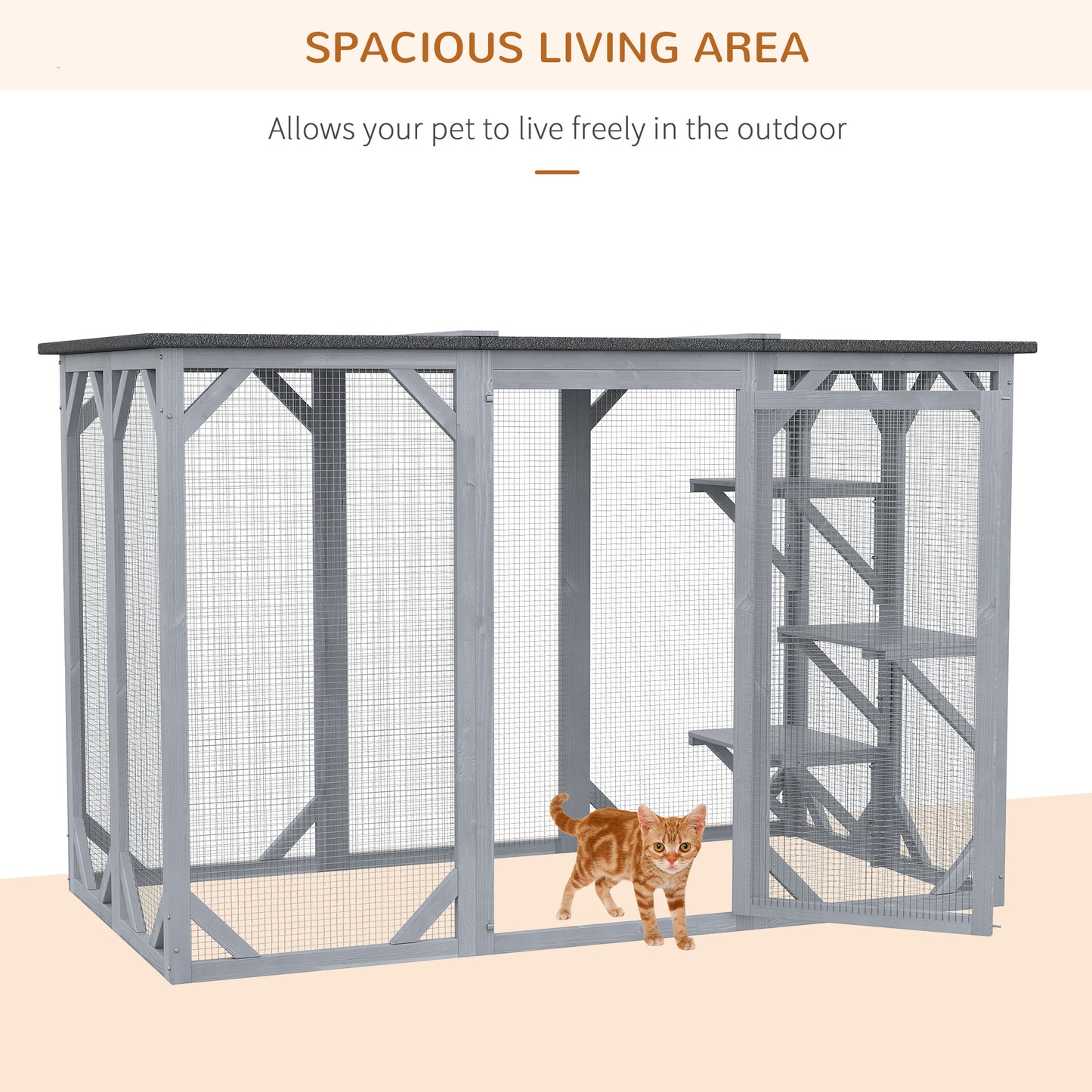 44.1" H Cat Cage, Indoor Outdoor Wooden Enclosure Pet House, Small Animal Cage Hutch, Suitable for Rabbit, Dogs, Kitten, Crate Kennel with Waterproof Roof, Multi-Level Platforms, Lock, Grey