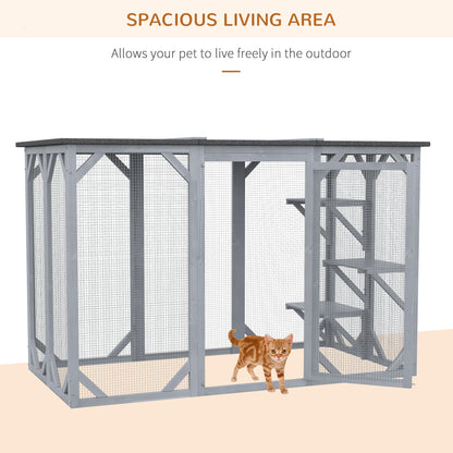 44.1" H Cat Cage, Indoor Outdoor Wooden Enclosure Pet House, Small Animal Cage Hutch, Suitable for Rabbit, Dogs, Kitten, Crate Kennel with Waterproof Roof, Multi-Level Platforms, Lock, Grey