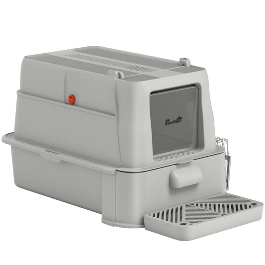 80L XL Stainless Steel Cat Litter Box for Big Cats with Flip Cover, Pull-Out Drawer Tray, High Sided, Pedal, Light Grey
