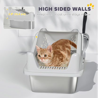 Cat Litter Box Stainless Steel with Metal Litter Scoop, Never Absorbs Odors, Anti Leakage, 17" x 13" x 10", Grey
