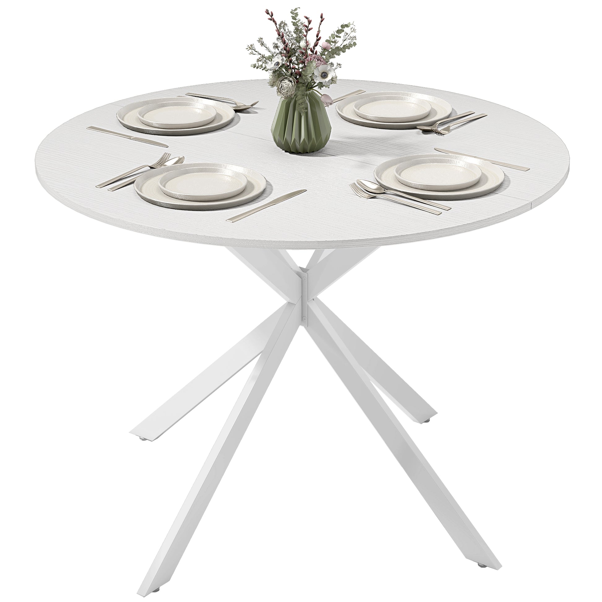 40" Round Kitchen Table for 4, Industrial Dining Table with Steel Legs for Dining Room, White Oak