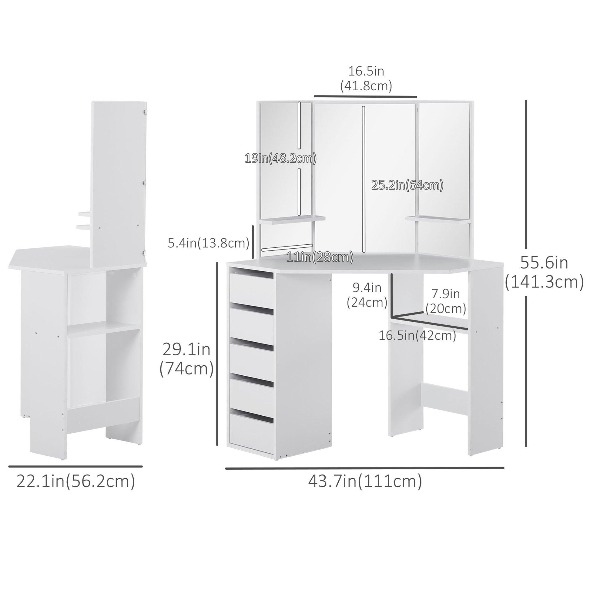 Corner Dressing Table, Makeup Desk with 3-piece Mirror and 5 Drawers, White