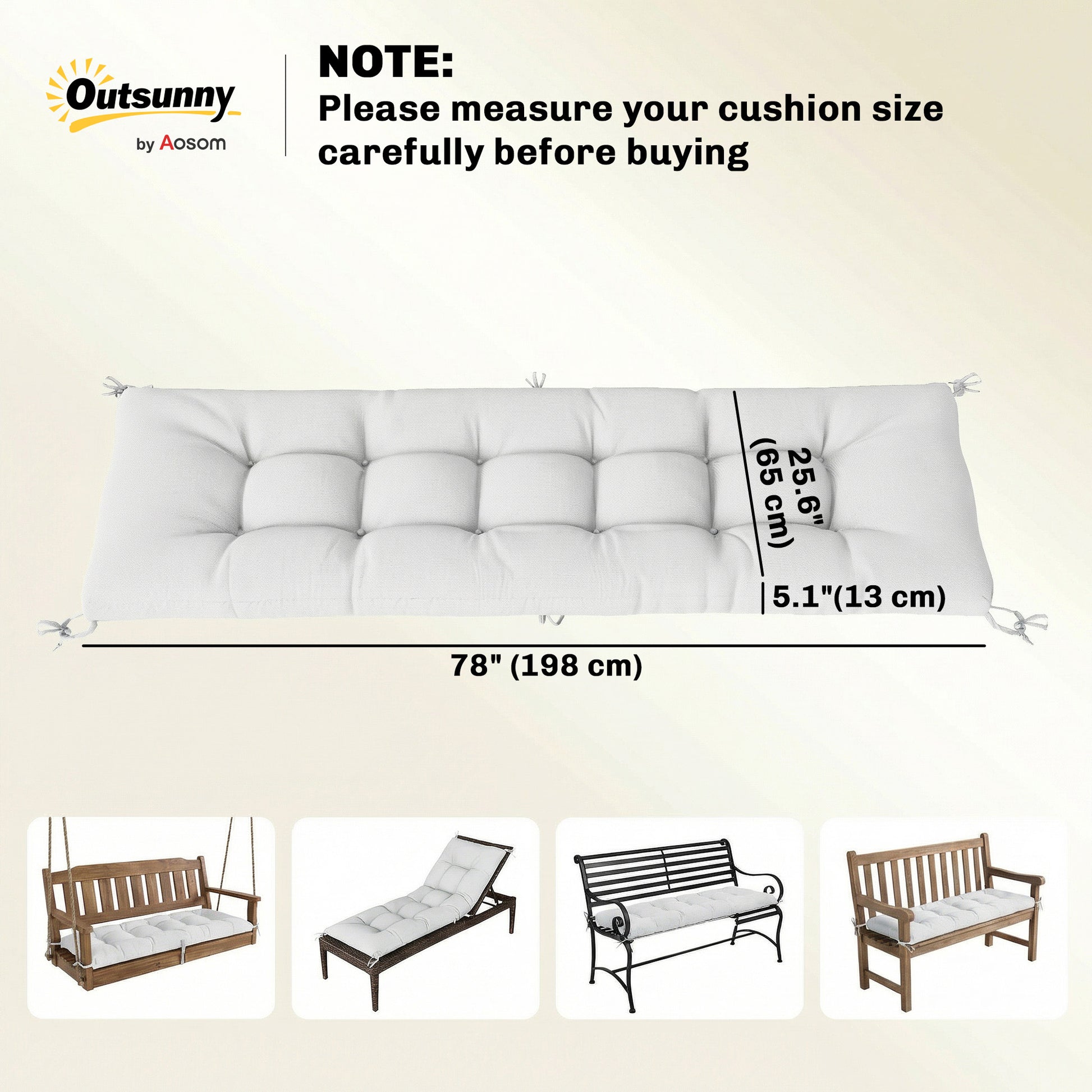 Patio Lounge Chair Cushion, UV50+ Chaise Lounge Chair Cushion with Securing Straps for Patio, 78 x 25.6 inch, Cream White