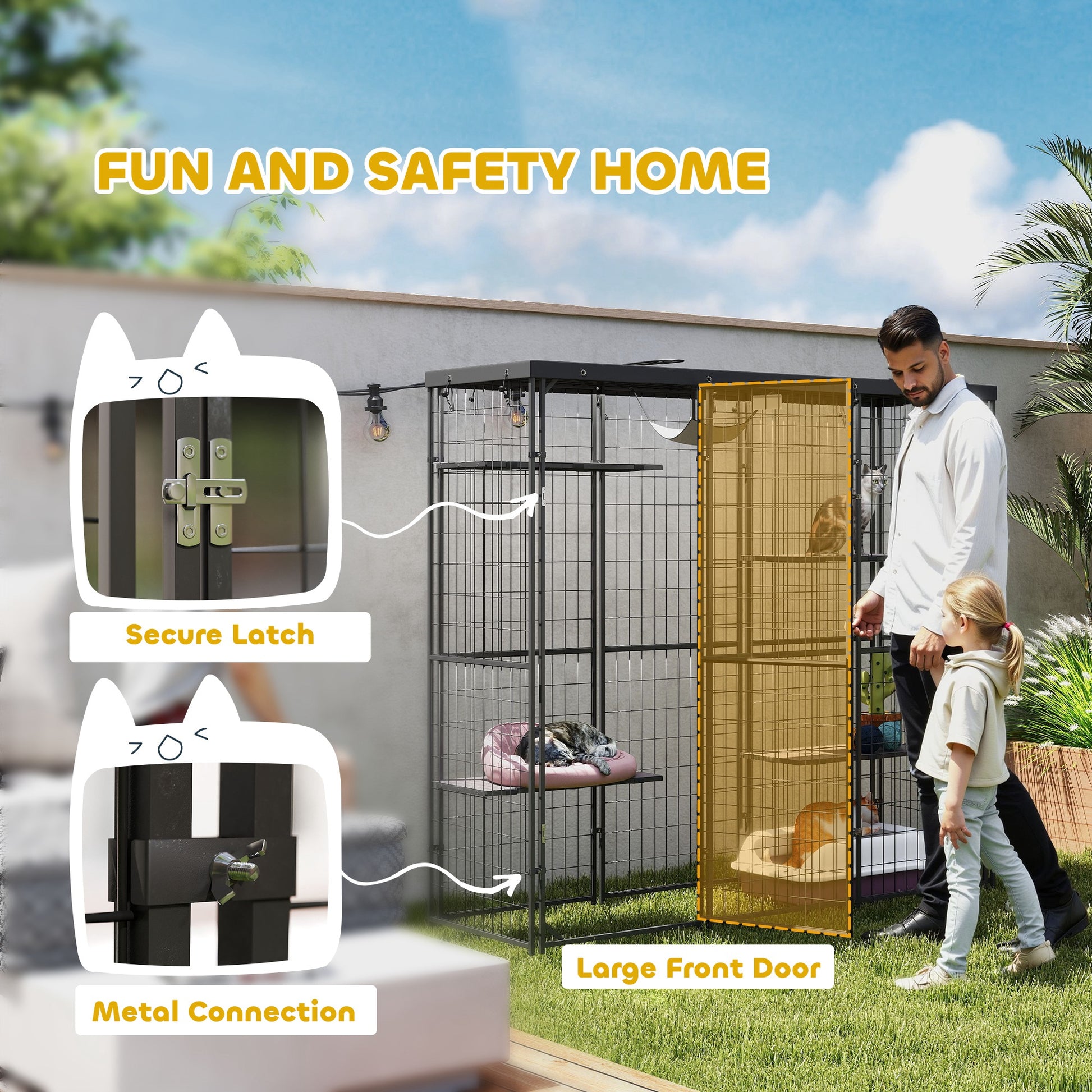 Weld Wire Catio Outdoor Indoor with Waterproof Cover, 4 Jumping Platforms, Hammock, 69" x 22" x 62", Black