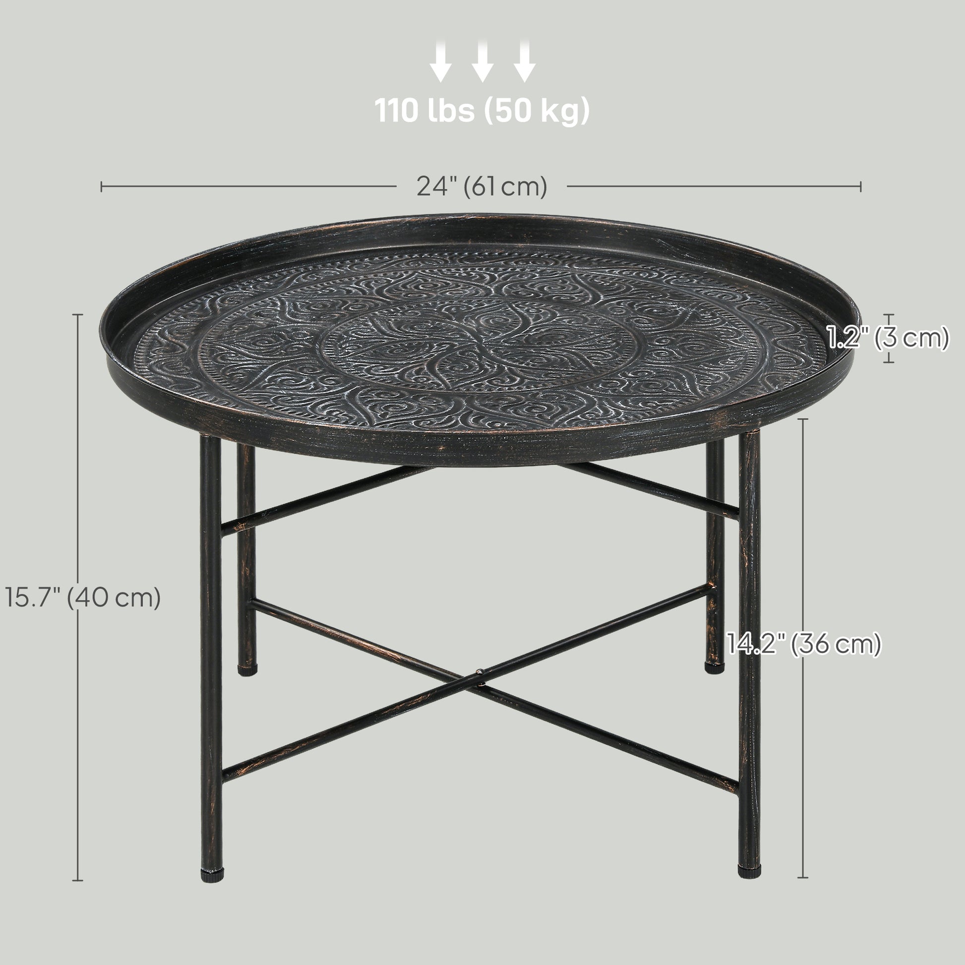 Vintage Coffee Table for Living Room, 24" Round Center Table with Hammered Tray Top and Metal Frame, Pewter