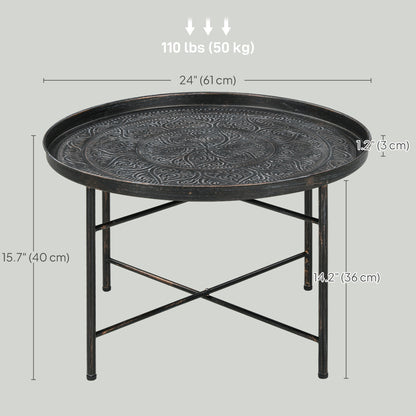 Vintage Coffee Table for Living Room, 24" Round Center Table with Hammered Tray Top and Metal Frame, Pewter