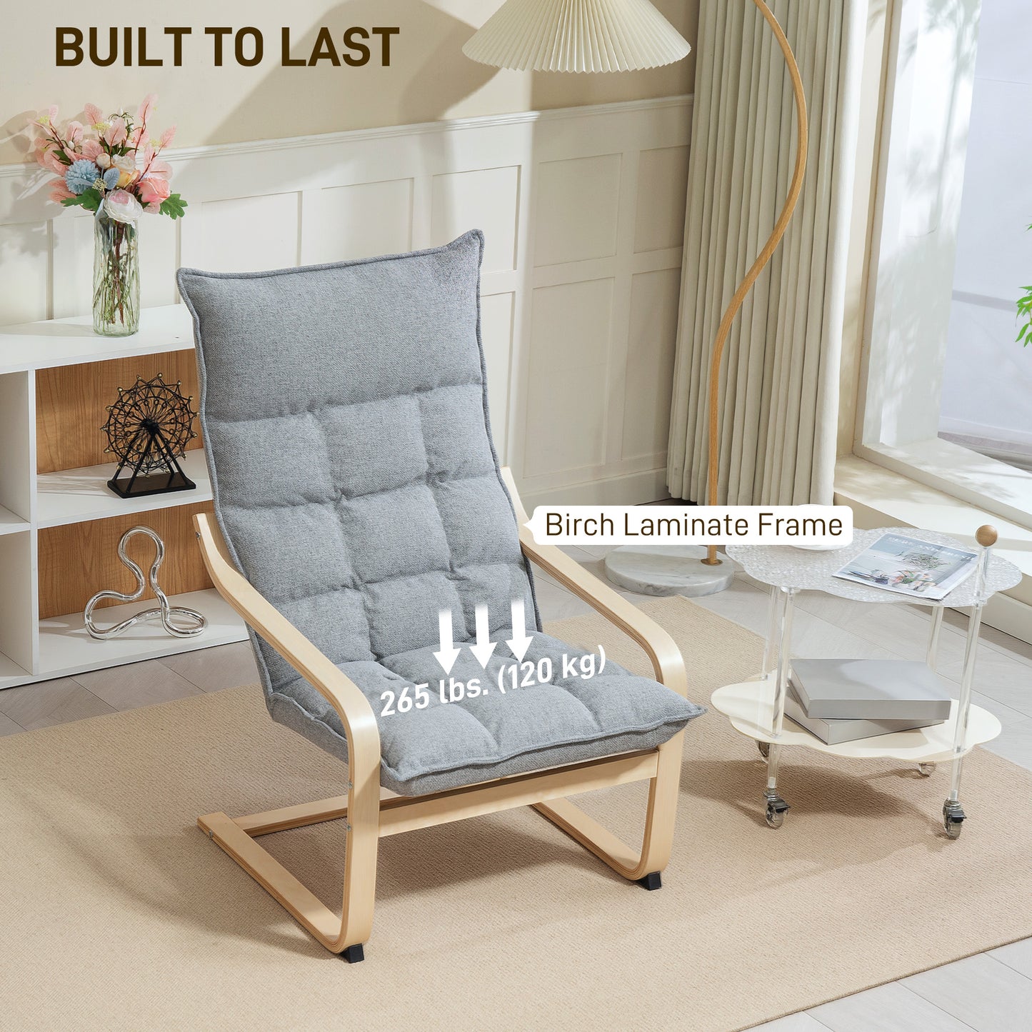 Modern Armchair, Upholstered Accent Chair with Curved Leg and Arm, Leisure Lounge Chair for Living Room, Light Grey