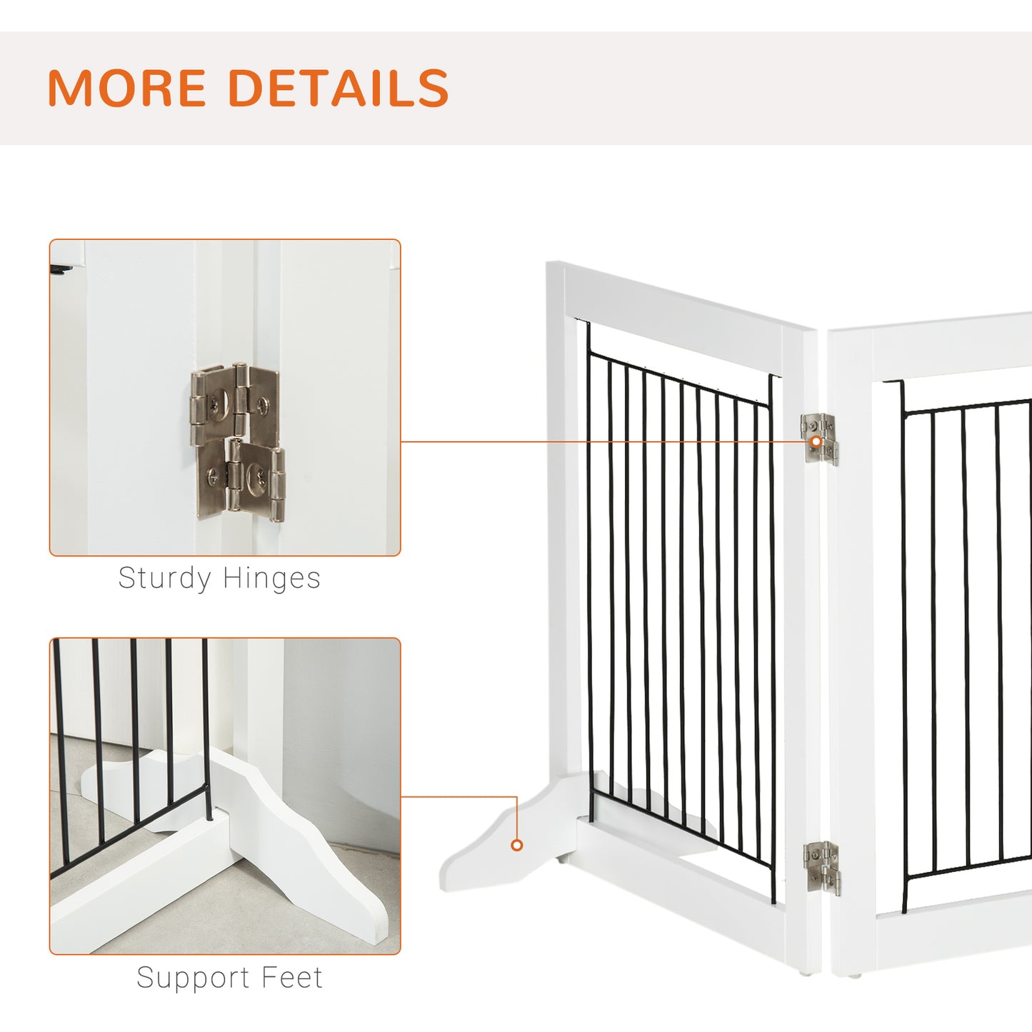Freestanding Pet Gate, Folding Dog Gate with 2 Support Feet, 24" High, 3 Panels, for Small Dogs, Indoor Use - White