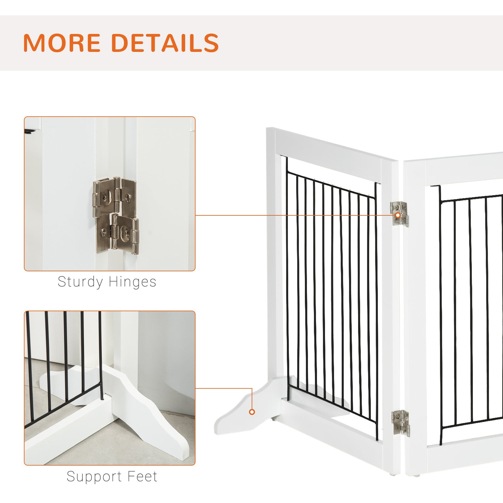 Freestanding Pet Gate, Folding Dog Gate with 2 Support Feet, 24" High, 3 Panels, for Small Dogs, Indoor Use - White