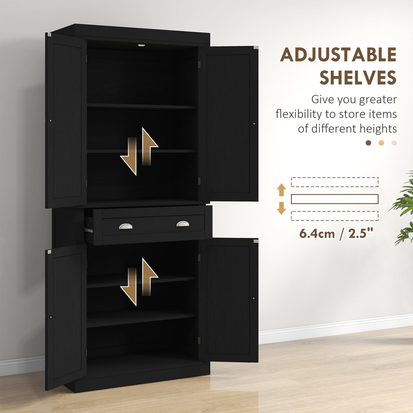 72" Tall Pantry Cabinet, Kitchen Storage Cabinet with 4 Doors, Drawer and 2 Adjustable Shelves, Black Wood Grain