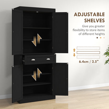 72" Tall Pantry Cabinet, Kitchen Storage Cabinet with 4 Doors, Drawer and 2 Adjustable Shelves, Black Wood Grain
