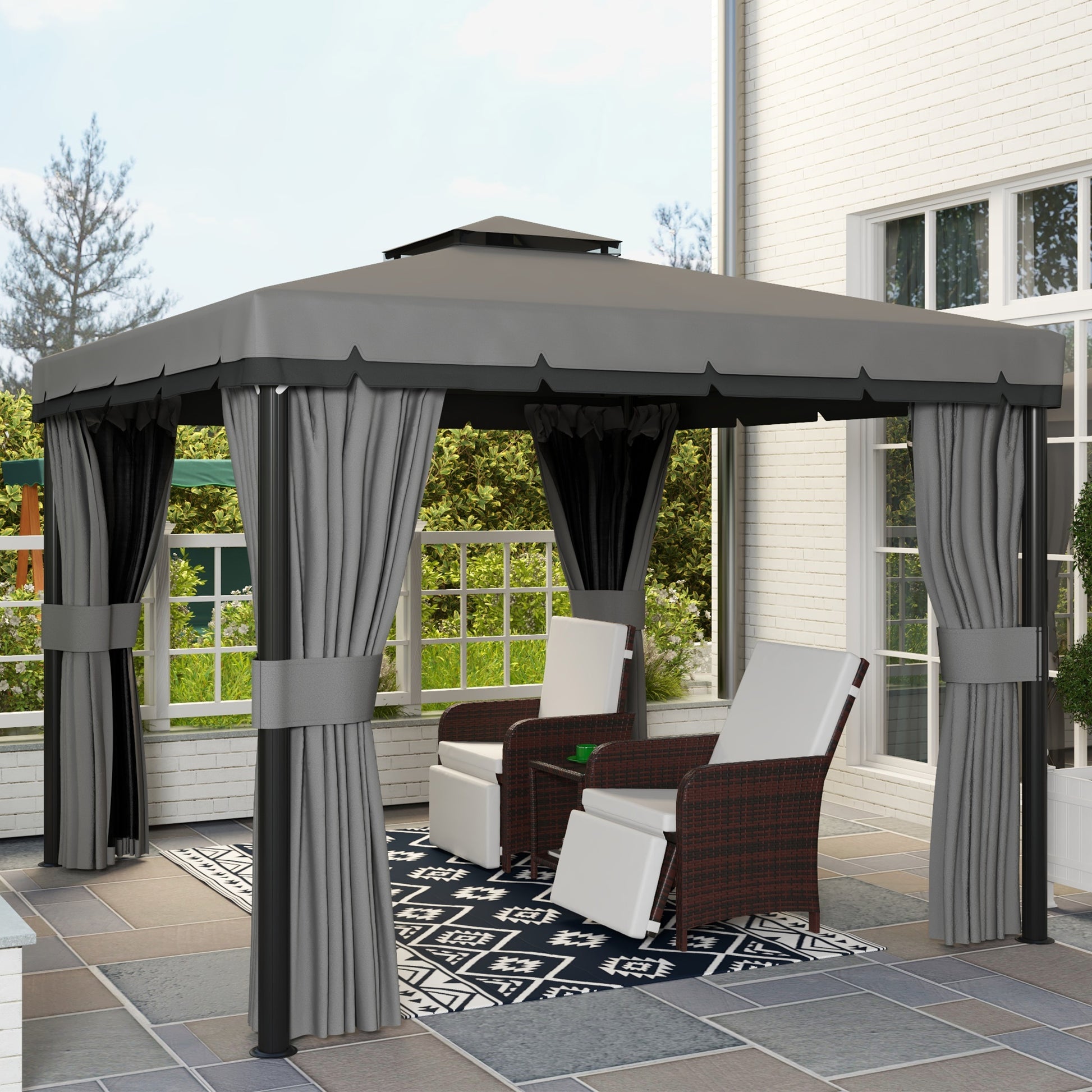 10' x 10' 2-Tier Outdoor Gazebo Canopy Tent with Zippered Mesh Sidewalls, Aluminum Frame for Patio, Backyard Light Grey