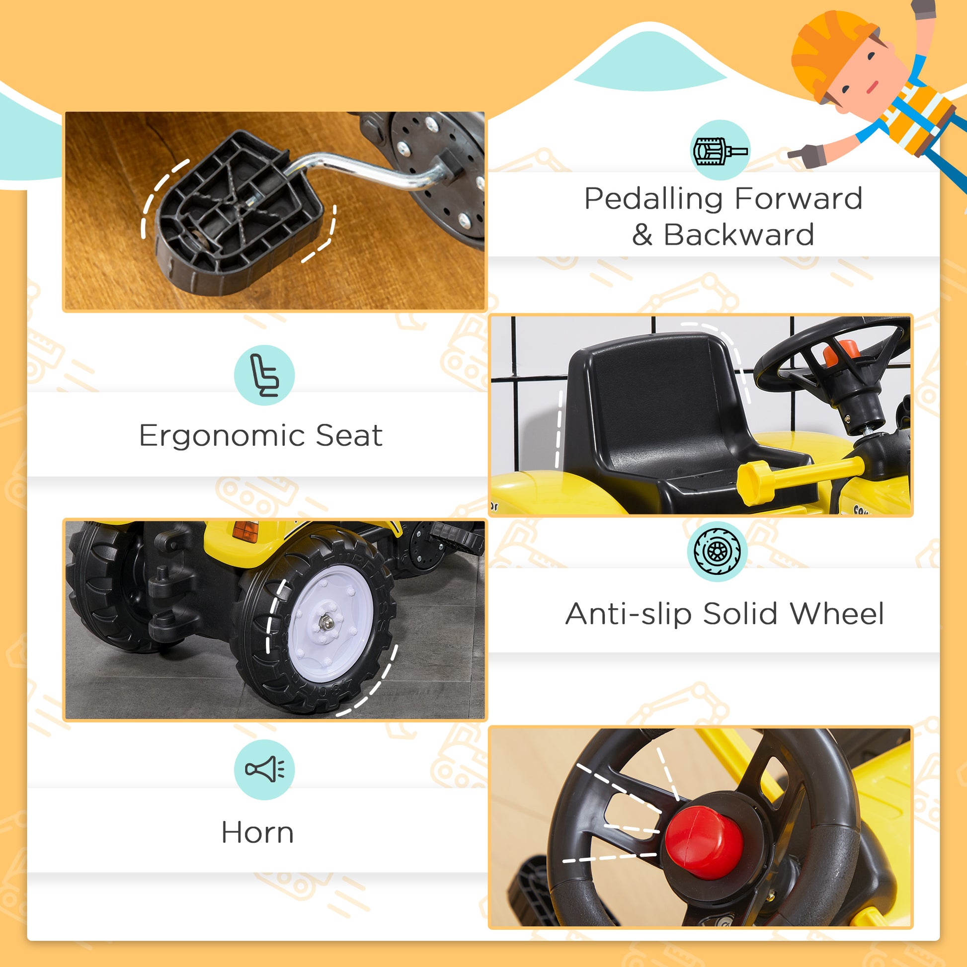 Aosom Ride on Tractor for Kids, Pedal Construction Car with Front Loader Digger for 3 Year Old, Yellow