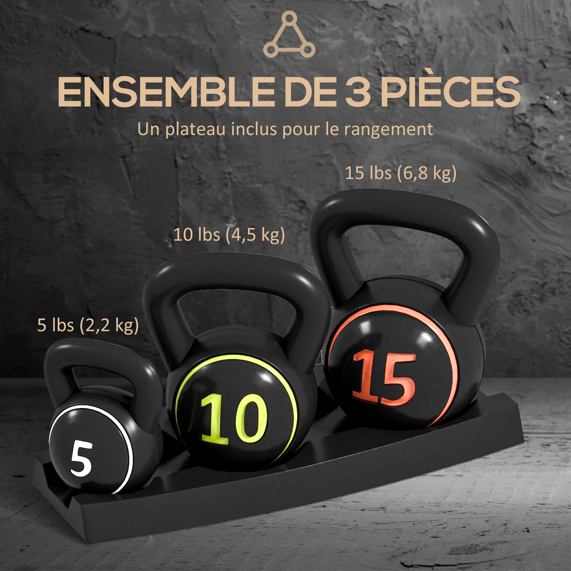 Soozier Three-Piece Kettlebell Set Weights with Storage Stand for Home Gym Weight Lifting Training, 5lbs, 10lbs, 15lbs (2.2kg, 4.5kg, 6.8kg)