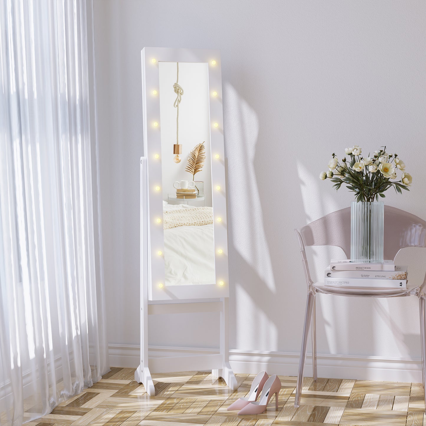 Free Standing Armoire Organizer, Lighted Mirrored Jewelry Cabinet w/ Angle Adjustable & 16 LED Lights Warm White