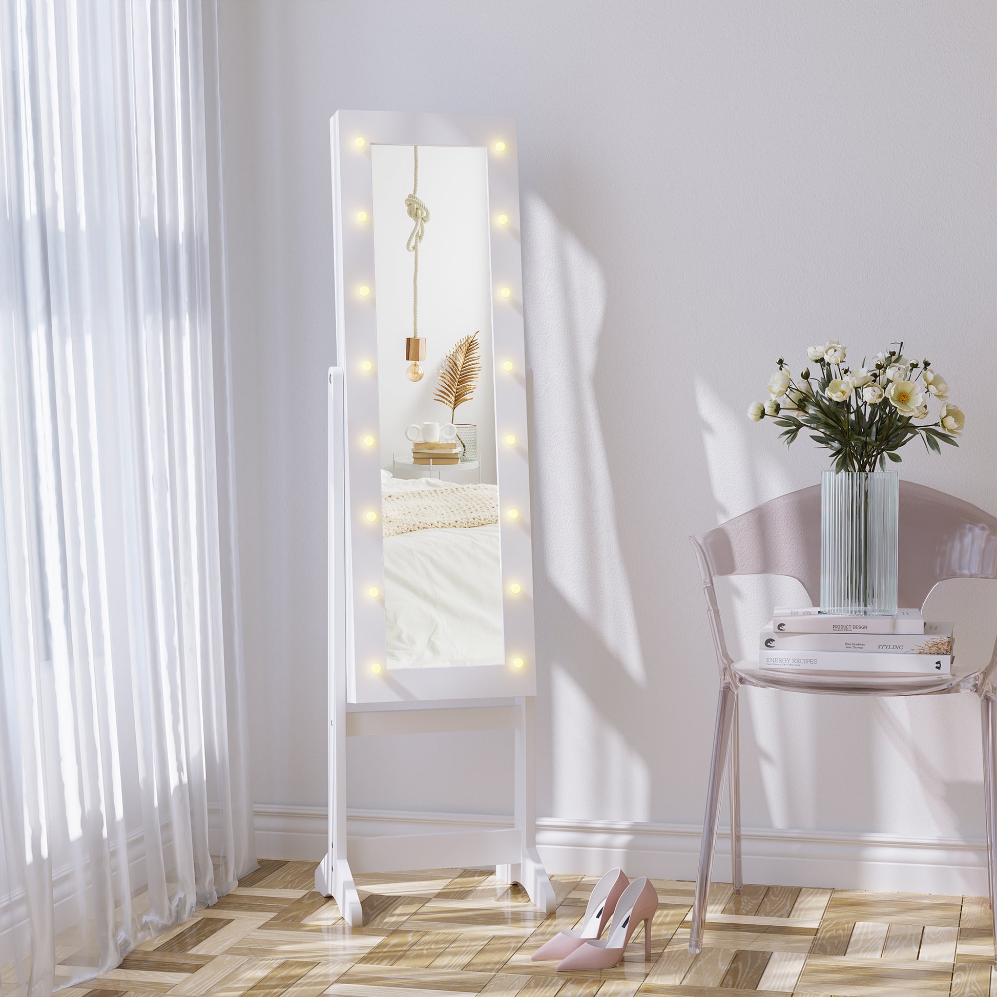 Free Standing Armoire Organizer, Lighted Mirrored Jewelry Cabinet w/ Angle Adjustable & 16 LED Lights Warm White