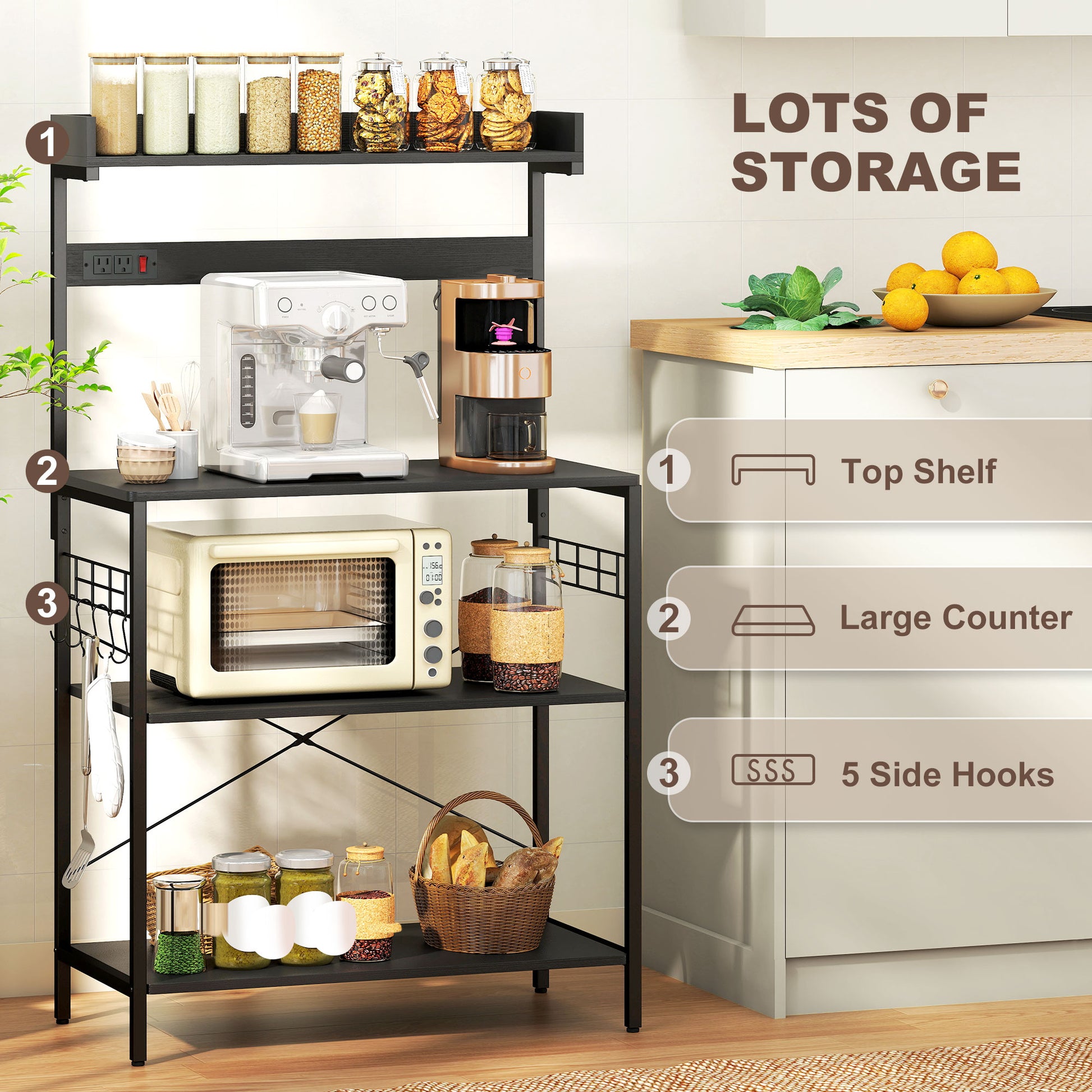 Kitchen Baker's Rack with Power Outlet, Coffee Bar Station with Adjustable Shelves and Hooks, Distressed Black