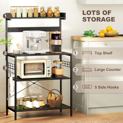 Kitchen Baker's Rack with Power Outlet, Coffee Bar Station with Adjustable Shelves and Hooks, Distressed Black