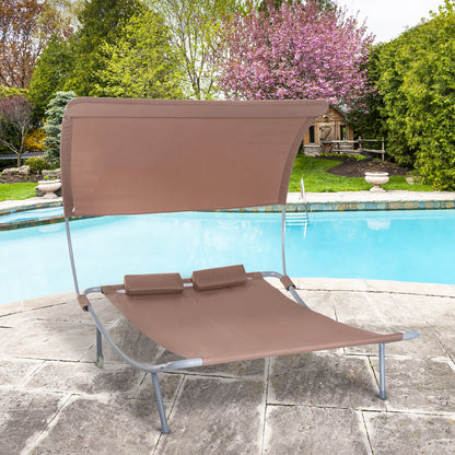 79" Outdoor Lounge Chair with Canopy, Double Chaise Lounger Hammock Bed w/ Pillow and Wheels, Brown
