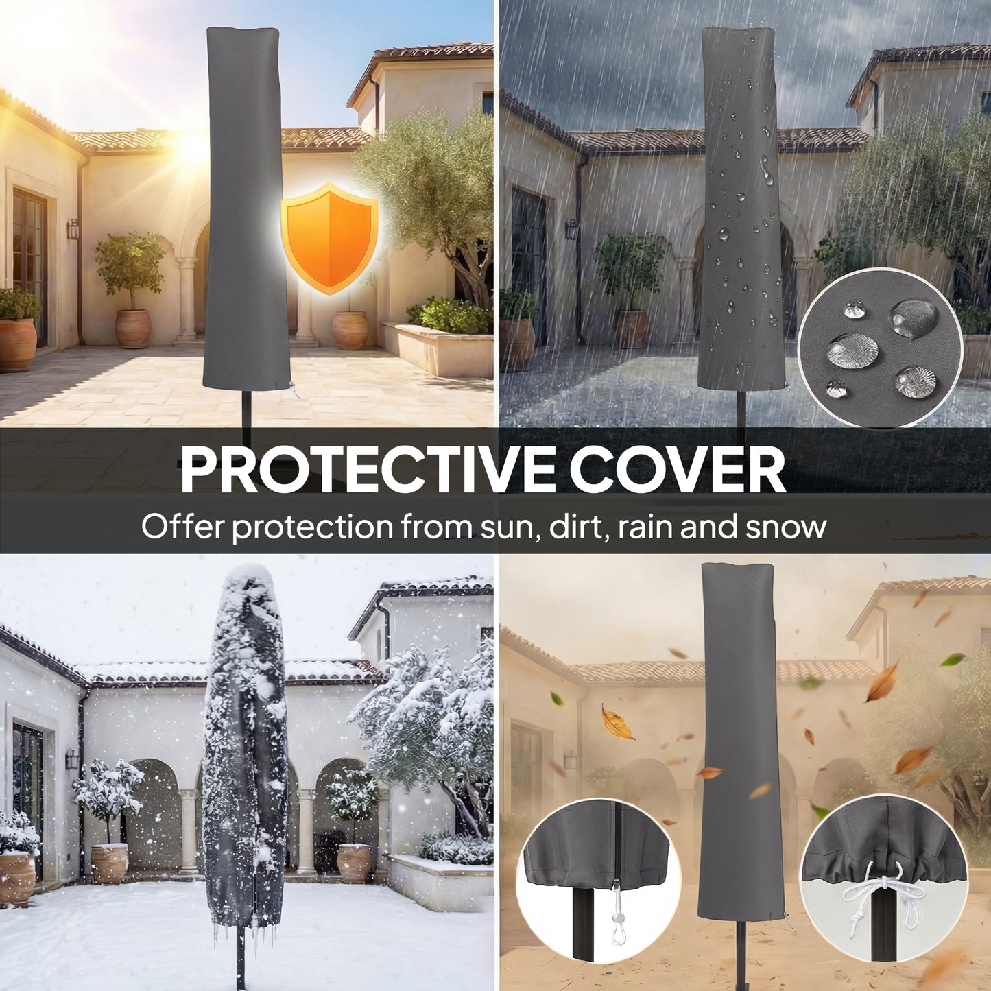 10FT Cantilever Patio Umbrella with 8 Ribs, Offset Patio Umbrella with Cover and Wind Ropes for Garden, Yard, Dark Grey
